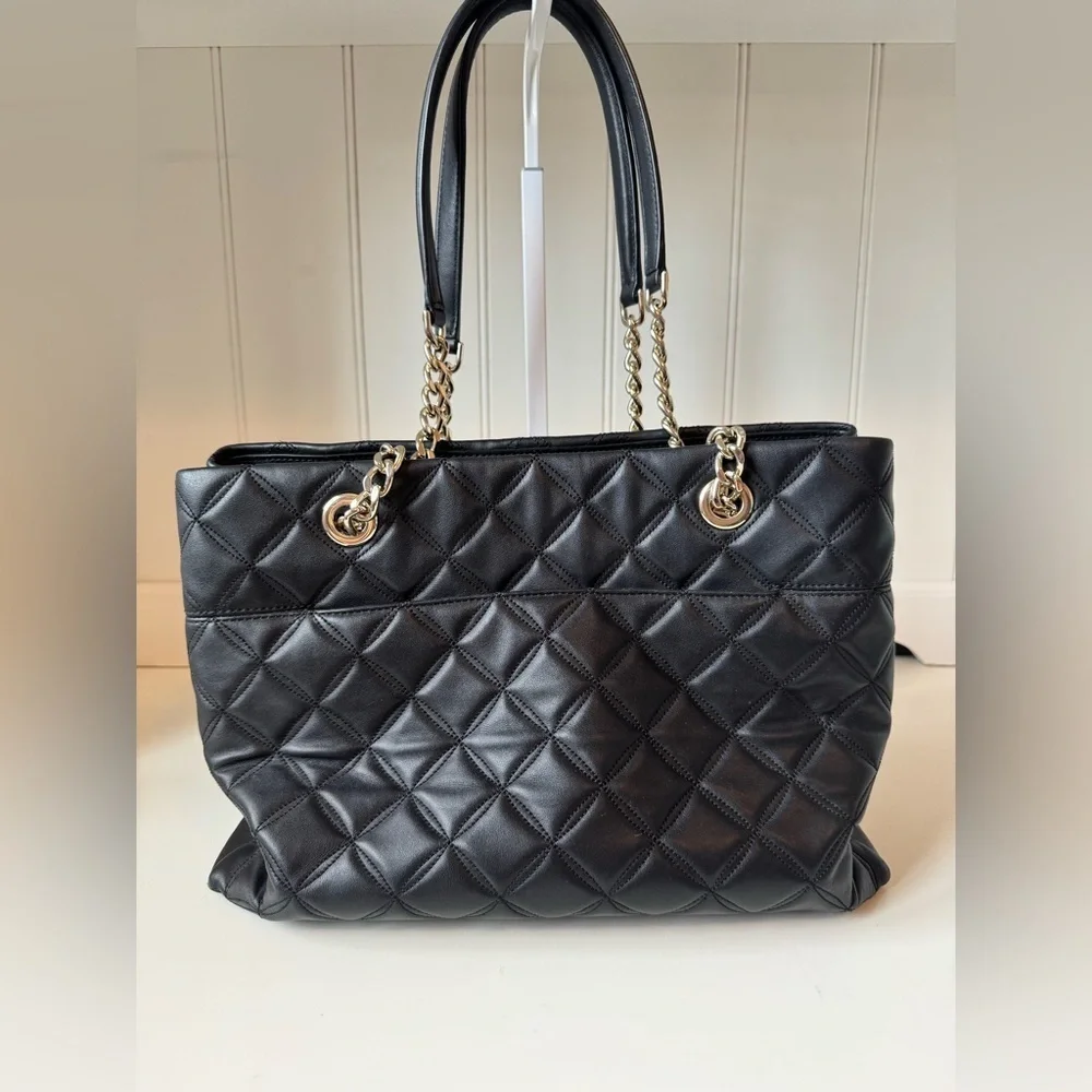 Kate Spade Women’s Black Quilted Leather Tote with Gold Chain Straps